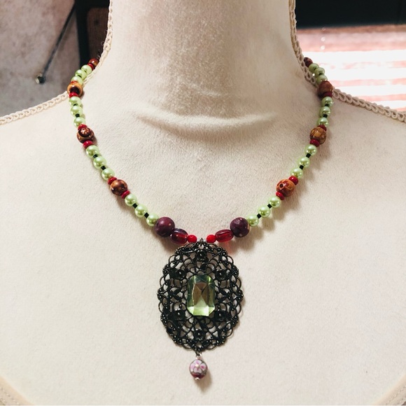 Handcrafted repurpose filigree large stone cloisonné pendant bead necklace - Picture 2 of 8